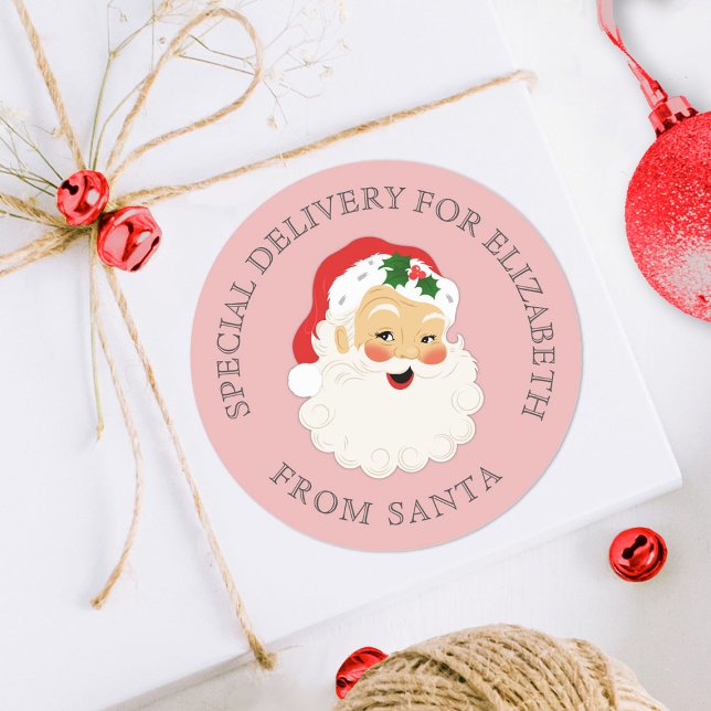 Pegatina Redonda Navidades de Santa Claus, una especie de Santa Cla (A cute pink Vintage Santa Claus Christmas Sticker. Personalize it with your name.)