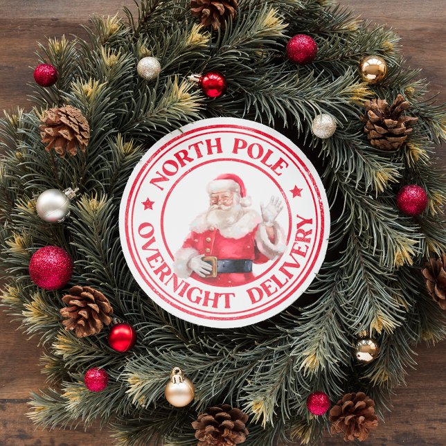 PEGATINA REDONDA NAVIDADES DE SANTA EN POLE DEL NORTE ENTREGA NOCTU (santa illustration north pole overnight delivery christmas holiday gift stickers)
