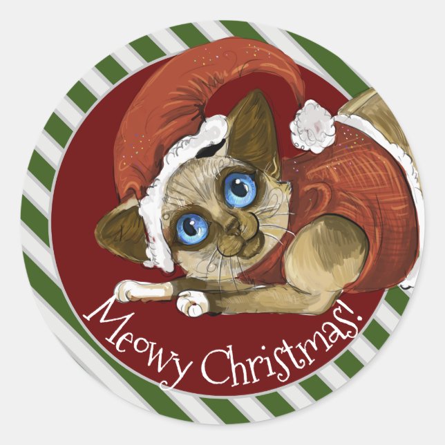 Pegatina Redonda Navidades de Santa Hat y Coat Kitty (Anverso)