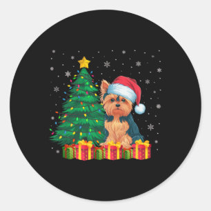 Pegatina Redonda Navidades de Santa Hat Yorkie iluminan a los amant