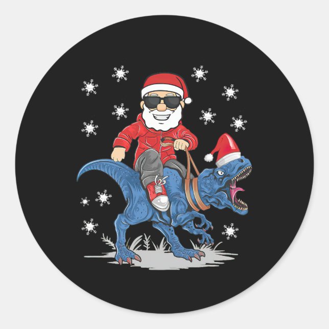 Pegatina Redonda Navidades de Santa Riding Dinosaur T rex Boys Men  (Anverso)