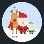 Pegatina Redonda Navidades de Santa, Rudolph y Elf Etiquetan, Para:<br><div class="desc">¿Qué dulce es esto? Santa,  rudolph y uno de sus pequeños ayudantes posan tan bien para este pegatina. Añade esta adorable etiqueta a todos tus regalos. Es fácil... solo firma,  cállate y pega. Hace el regalo más divertido de abrir.</div>