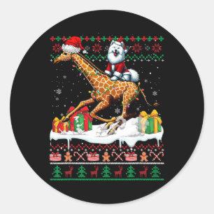 Pegatina Redonda Navidades de Santa Samoyed Riding Giraffe Sweater