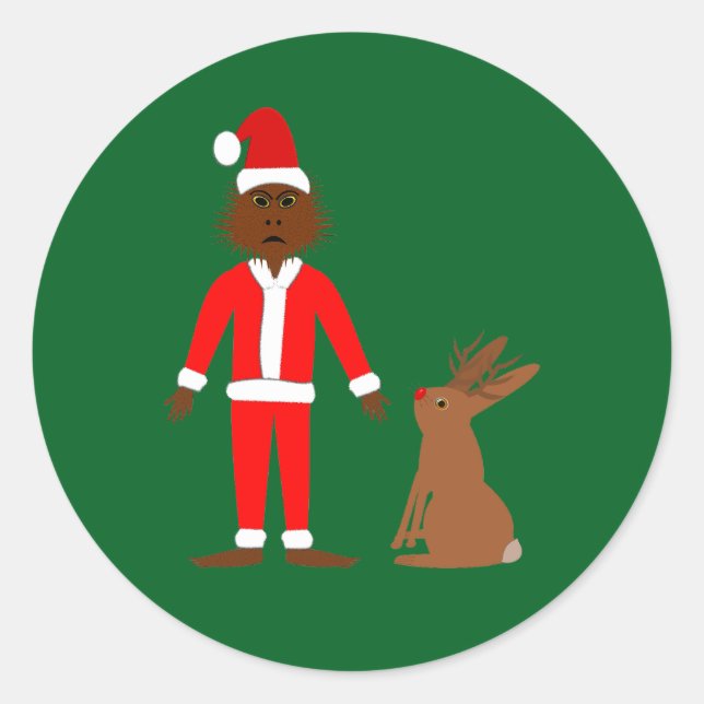 Pegatina Redonda Navidades de Santa Sasquatch y Jackalope (Anverso)