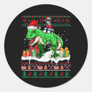 Pegatina Redonda Navidades de Santa Schnauzer Riding T-rex Sweater 