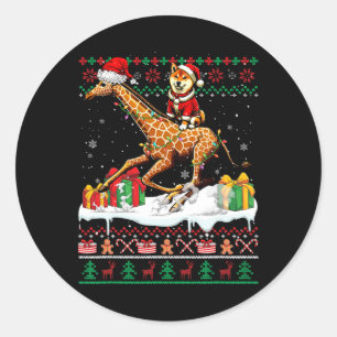Pegatina Redonda Navidades de Santa Shiba Inu Riding Giraffe