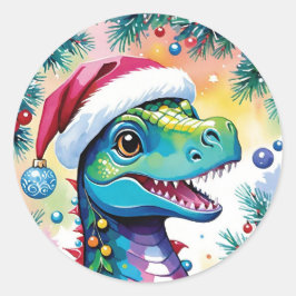 Pegatina Redonda Navidades de Santa T-Rex sonrientes
