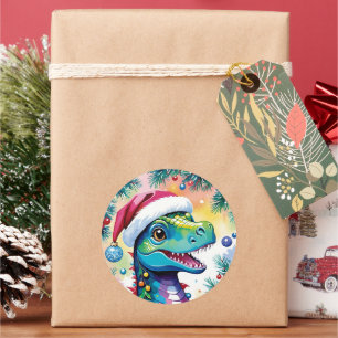 Pegatina Redonda Navidades de Santa T-Rex sonrientes