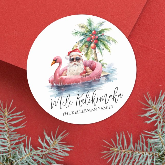 Pegatina Redonda Navidades de Santa Tropical Beach Mele Kalikimaka (Santa Tropical Beach Mele Kalikimaka Christmas Classic Round Sticker )