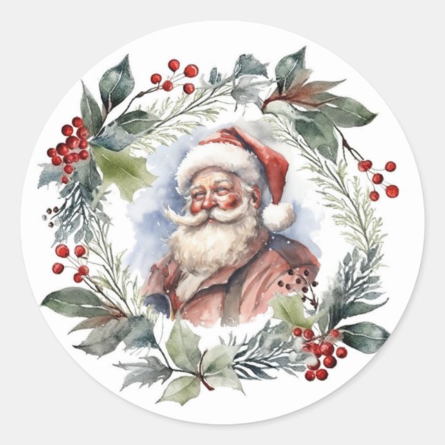 Pegatina Redonda Navidades de Santa Watercolor sonrientes alegres (Anverso)