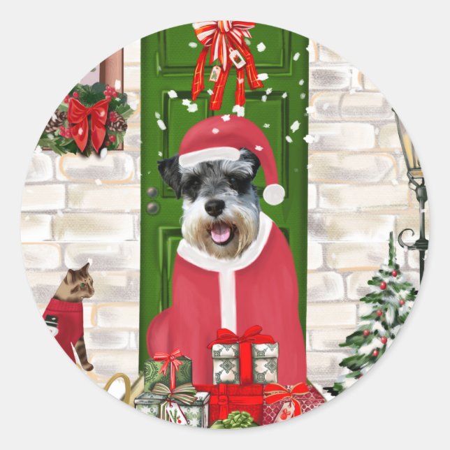 Pegatina Redonda Navidades de Schnauzer Dog (Anverso)