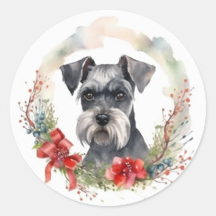 Pegatina Redonda Navidades de Schnauzer Wreath Festimes Pup