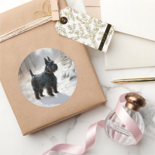 Pegatina Redonda Navidades de Scottish Terrier Let It Snow