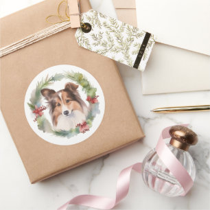 Pegatina Redonda Navidades de Shetland Sheepdog Wreath Festimes Pup
