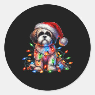 Pegatina Redonda Navidades de Shih Tzu iluminan a amante de Santa H