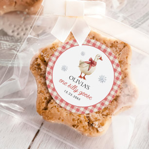 Pegatina Redonda Navidades de Silly Goose Gingham Primer Cumpleaños