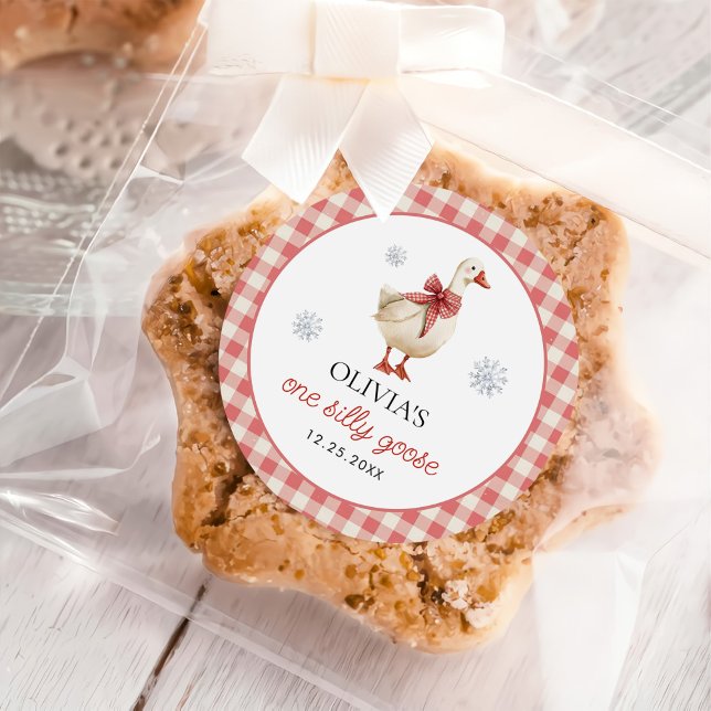Pegatina Redonda Navidades de Silly Goose Gingham Primer Cumpleaños (Subido por el creador)