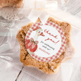 Pegatina Redonda Navidades de Silly Goose Gingham Primer Cumpleaños