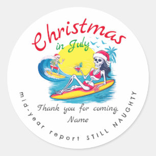 Pegatina Redonda Navidades de Skeleton en Julio en Beach Surf Naugh