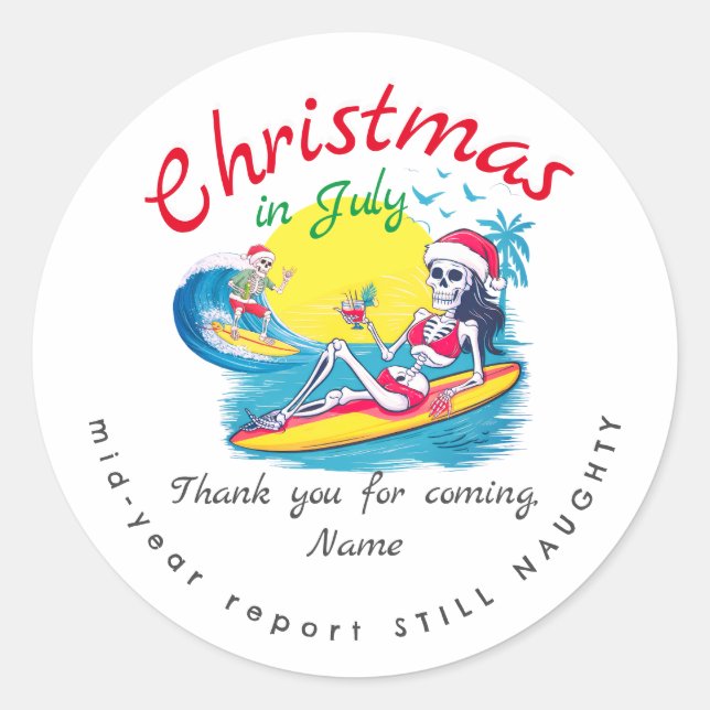 Pegatina Redonda Navidades de Skeleton en Julio en Beach Surf Naugh (Anverso)