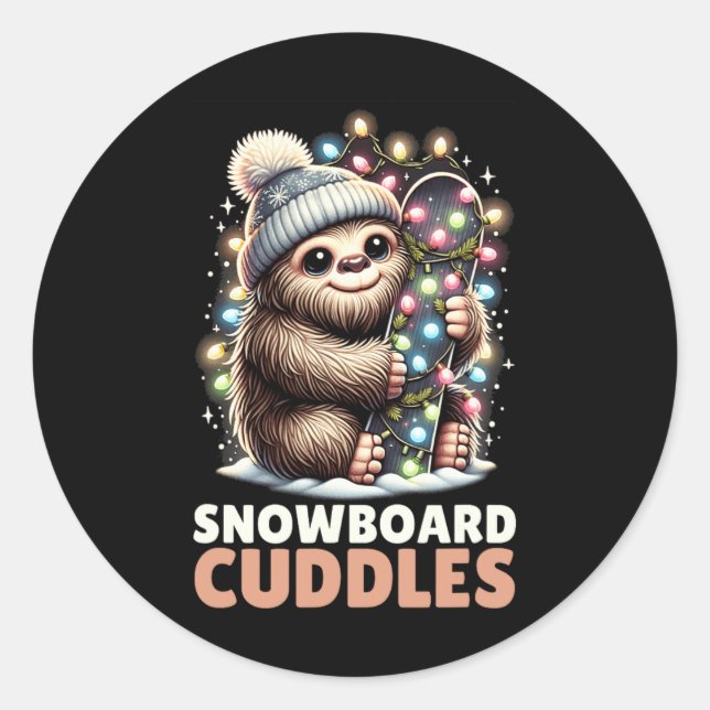 Pegatina Redonda Navidades De Snowboard Cuddle Encendido De Snowboa (Anverso)