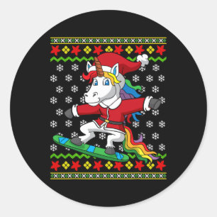 Pegatina Redonda Navidades De Snowboard Unicorn Santa Snowboard