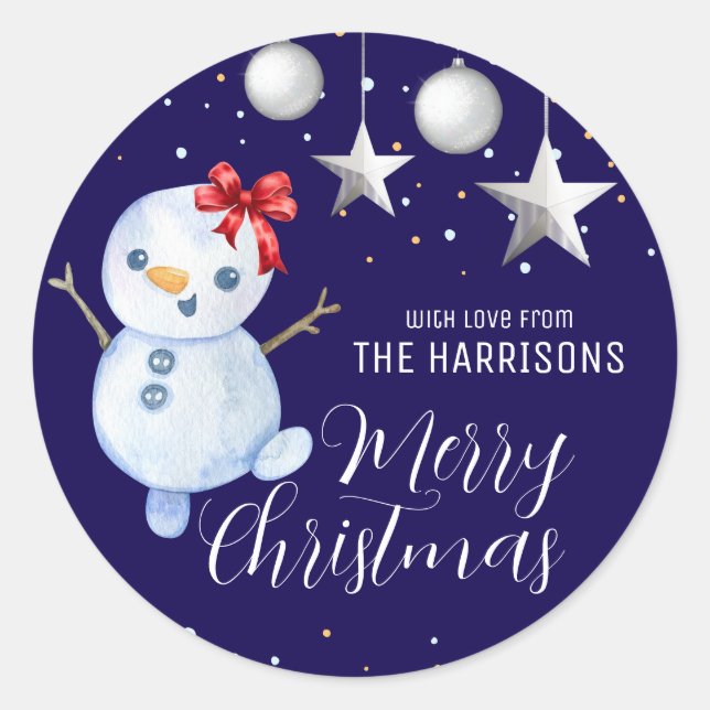 Pegatina Redonda Navidades de Snowman cautivadores de la marina azu (Anverso)