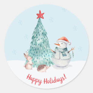 Pegatina Redonda Navidades de Snowman de Cute Happy Holidays