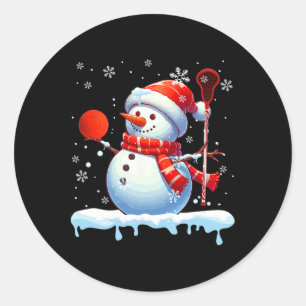 Pegatina Redonda Navidades de Snowman juegan a Lacrosse aman aficio