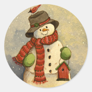 Pegatina Redonda navidades de Snowman y Birdhouse 4905