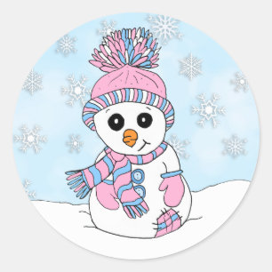 Pegatina Redonda Navidades de Snowman y Snowflake de color rosa y a
