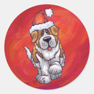 Pegatina Redonda Navidades De St. Bernard En Rojo