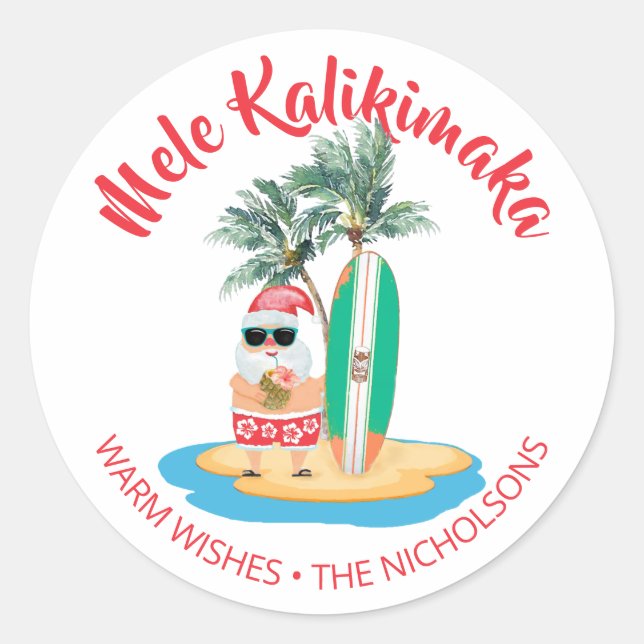 Pegatina Redonda Navidades de surf de Mele Kalikimaka Tropical (Anverso)