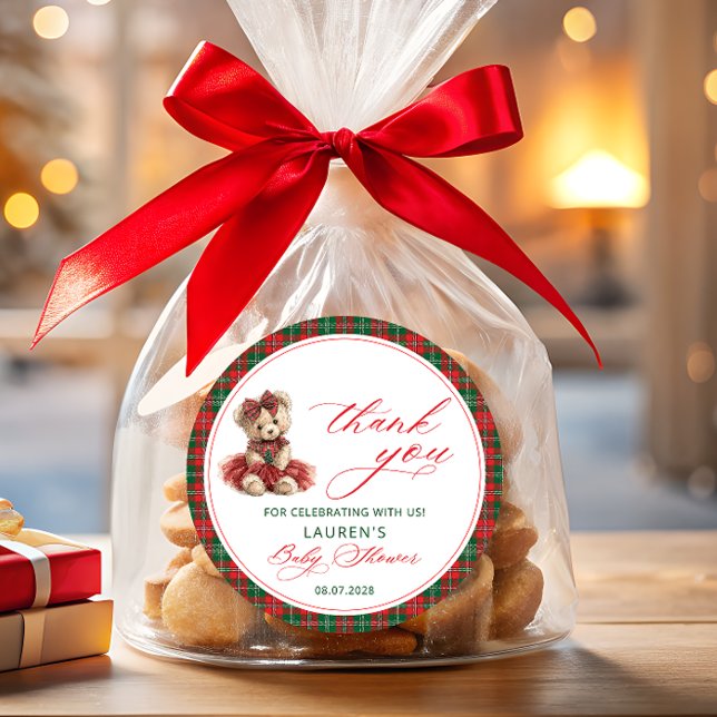Pegatina Redonda Navidades de Teddy Bear Chica Baby Shower Gracias (Subido por el creador)