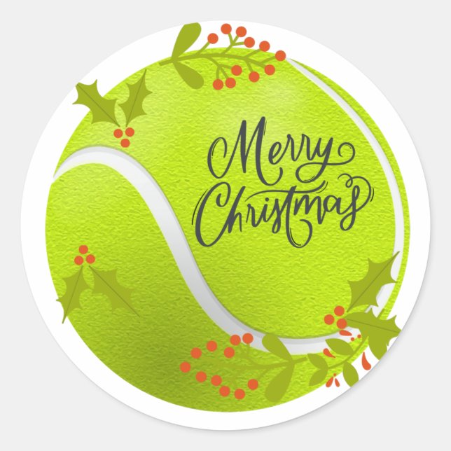 Pegatina Redonda Navidades de tenis con pelota de tenis y Santa (Anverso)