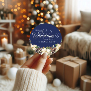 Pegatina Redonda Navidades de tipografía blanca azul Poinsettia