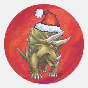 Pegatina Redonda Navidades De Triceratops En Rojo