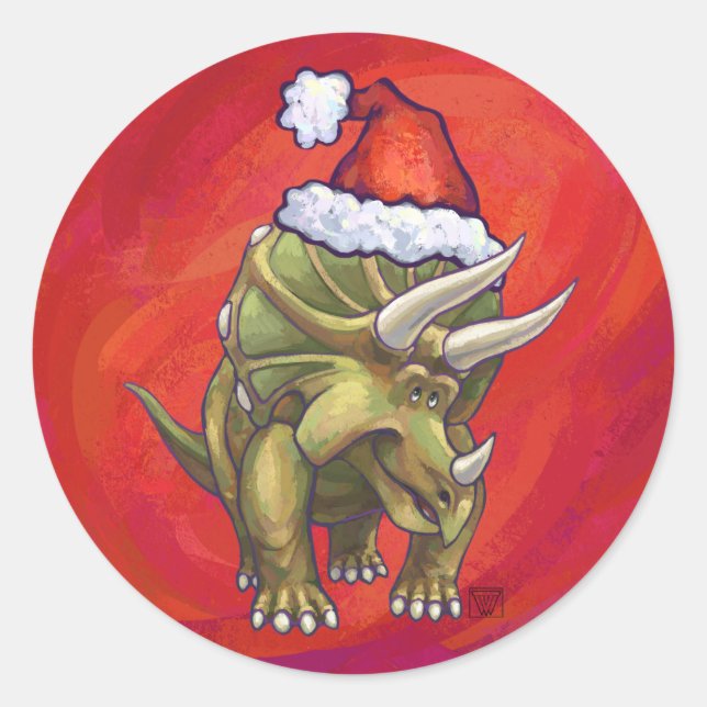 Pegatina Redonda Navidades De Triceratops En Rojo (Anverso)