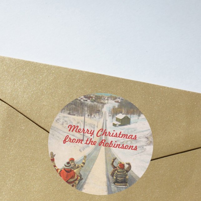 Pegatina Redonda Navidades de trineos de tobogán vintage (Subido por el creador)