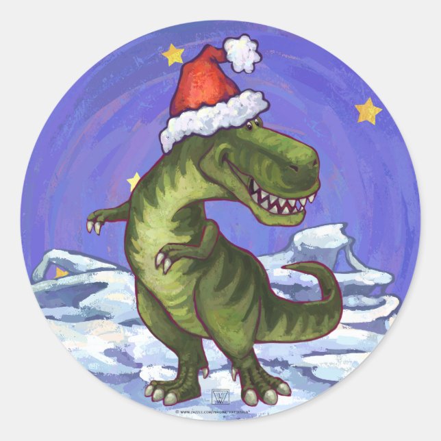 Pegatina Redonda Navidades de Tyrannosaurus (Anverso)