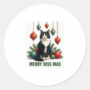 Pegatina Redonda Navidades de un gato con decoración navideña