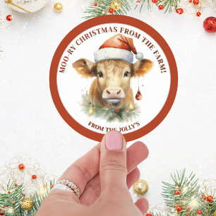 Pegatina Redonda Navidades de vaca con tema agrícola personalizado