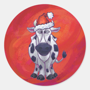 Pegatina Redonda Navidades de vaca en el mundo rojo