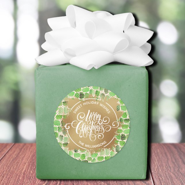 Pegatina Redonda Navidades de vacaciones caseras (Christmas sweet holiday wishes homemade baking round stickers with green brush stroke pattern)