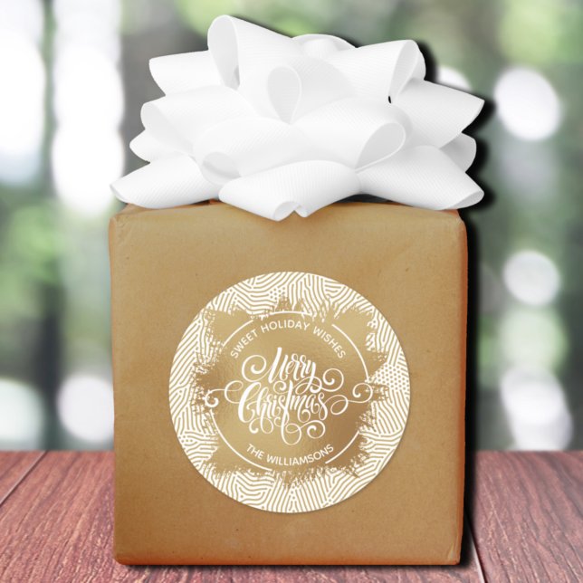 Pegatina Redonda Navidades de vacaciones caseras haciendo oro (Merry Christmas on gold sweet holiday wishes homemade stickers)