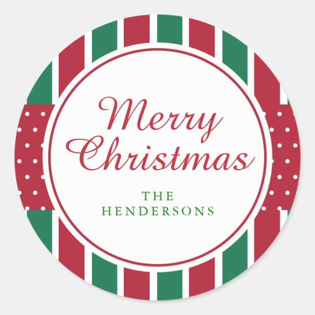 Pegatina Redonda Navidades de vacaciones de franjas y puntos rojos  (Anverso)