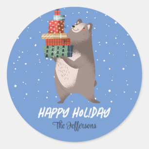 Pegatina Redonda Navidades de vacaciones de invierno de oso suave y