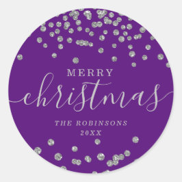 Pegatina Redonda Navidades de vacaciones de plata Purpurina Confett