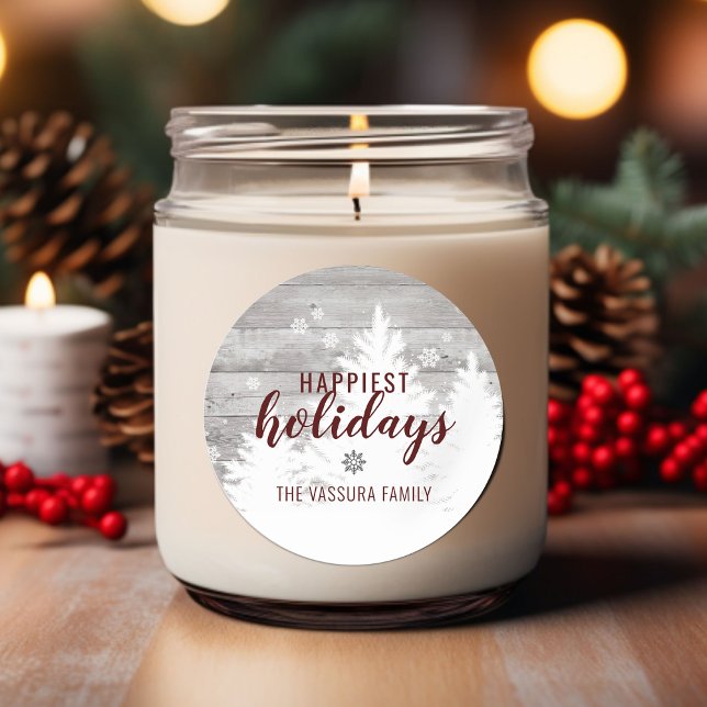 Pegatina Redonda Navidades de vacaciones rusas leñadores borgoña (Rustic Holiday Christmas Wood Tree Burgundy Classic Round Sticker)