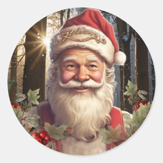 Pegatina Redonda Navidades de vacaciones Santa Claus bosque de niev (Anverso)